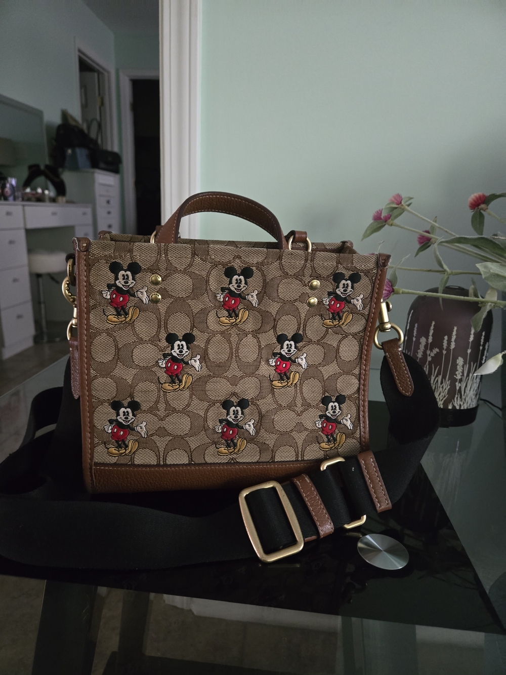 Coach Brown Signature Canvas Mickey Satchel with Black Strap
